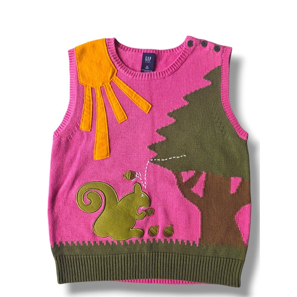 GAP Y2K Vintage Kids Sweater Vest Pink Knit Squirrel Tree Sun Applique XL 12